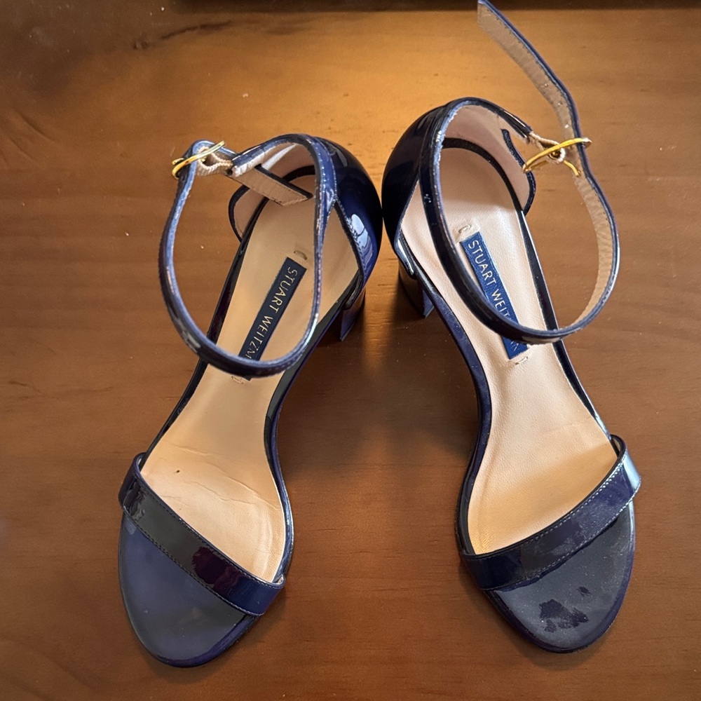 Stuart Weitzman Navy Blue nearly nude ankle block heel